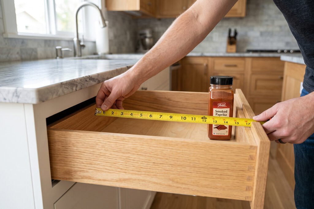 Hands using a tape measure to check internal drawer depth clearance and width befor