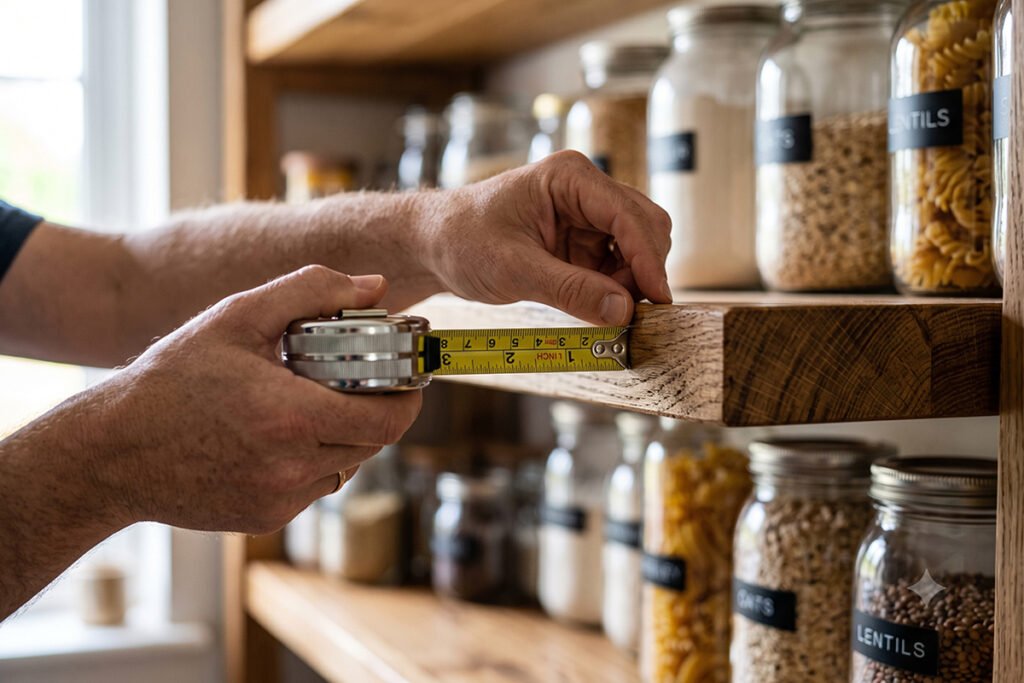 Hands using a tape measure to check pantry shelf thickness