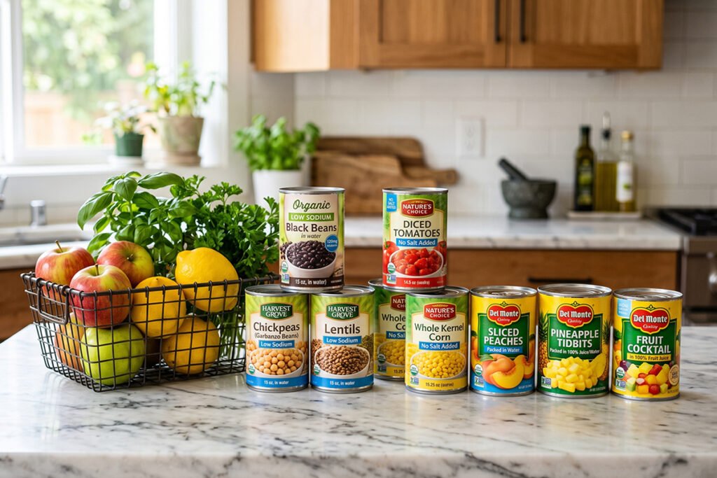 Healthy canned food alternatives including low-sodium beans and fruit packed in water