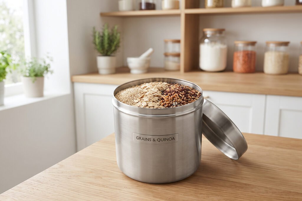 Healthy dry grains stored safely inside a clean metal pantry container