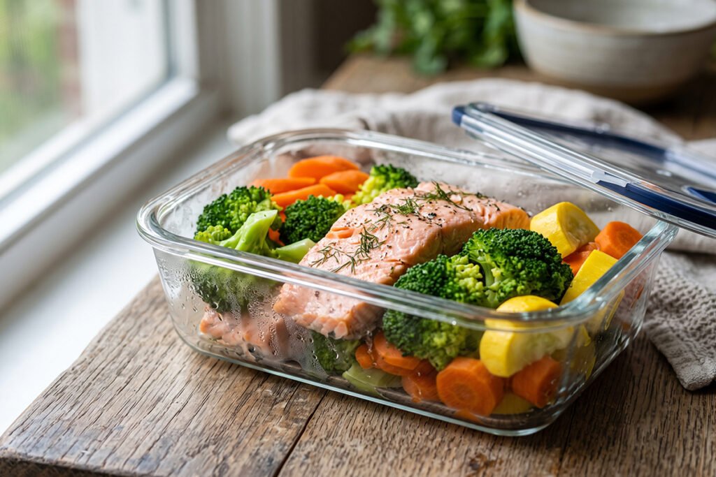 Healthy steamed vegetables and salmon stored in a clean glass food container