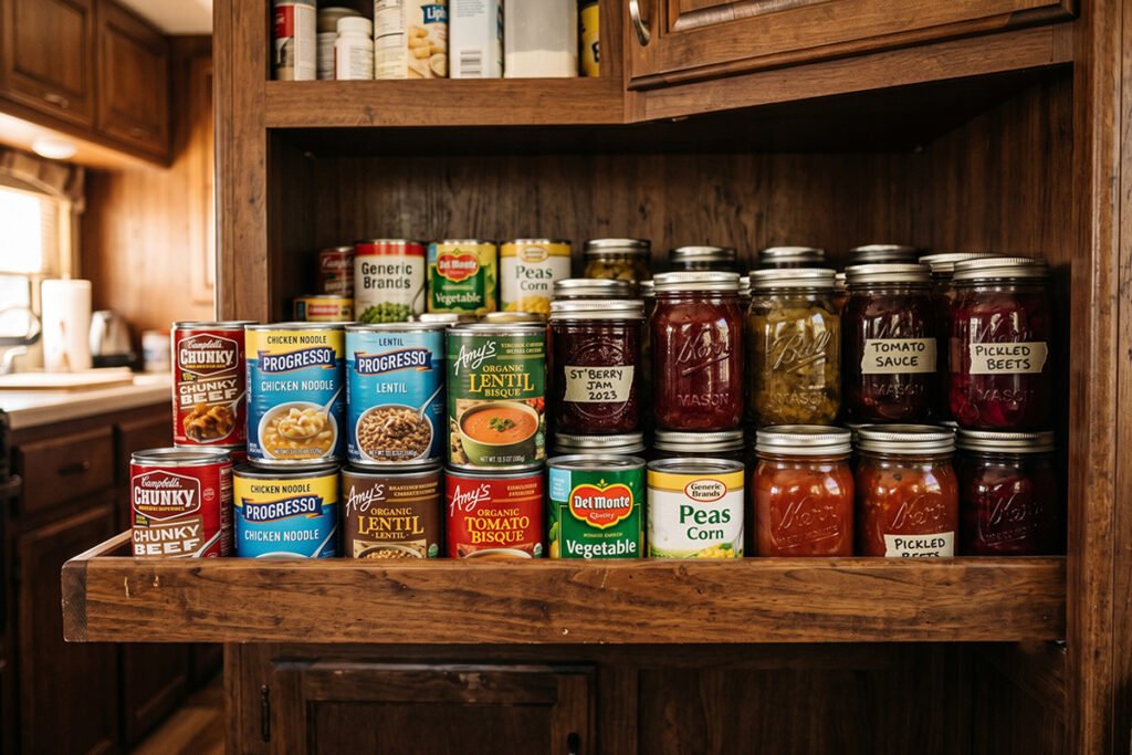 Heavy canned goods and glass jars positioned on the lowest shelf of an RV cabinet