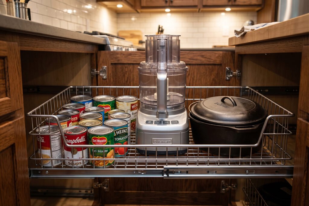 Heavy cans and kitchen appliances neatly stored inside a reinforced steel wire basket drawer