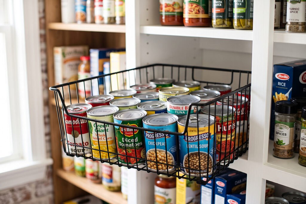 Heavy duty steel pantry baskets neatly holding various canned goods on a clean kitchen shelf