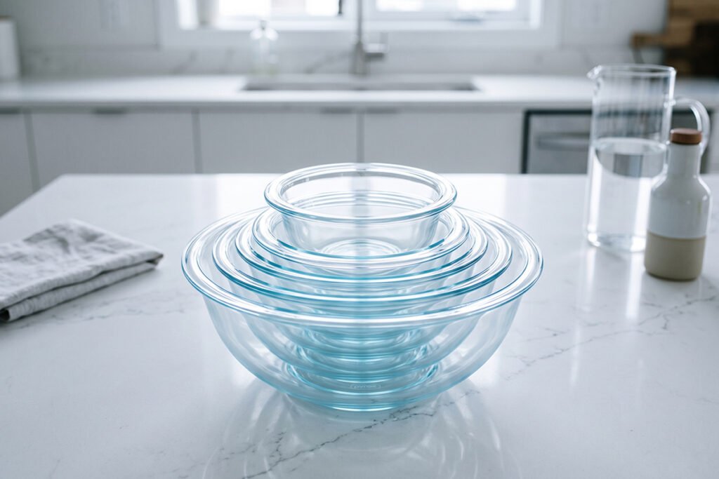 High-angle view of clean Pyrex glass containers stacked neatly without lids