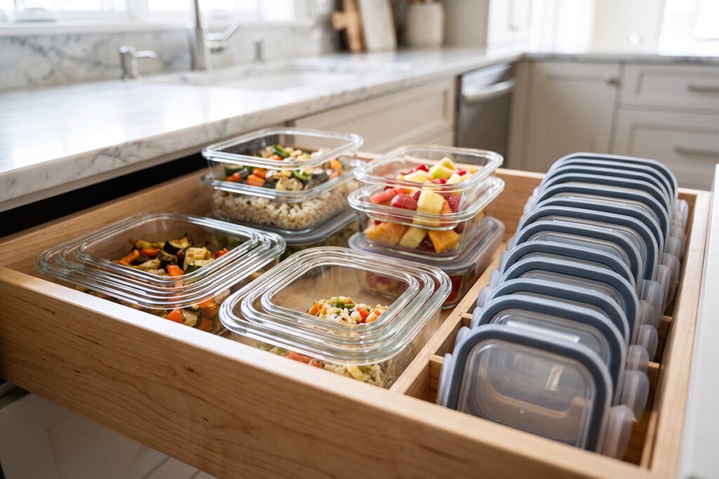 High-angle view of nested glass containers next to vertically arranged matching lid