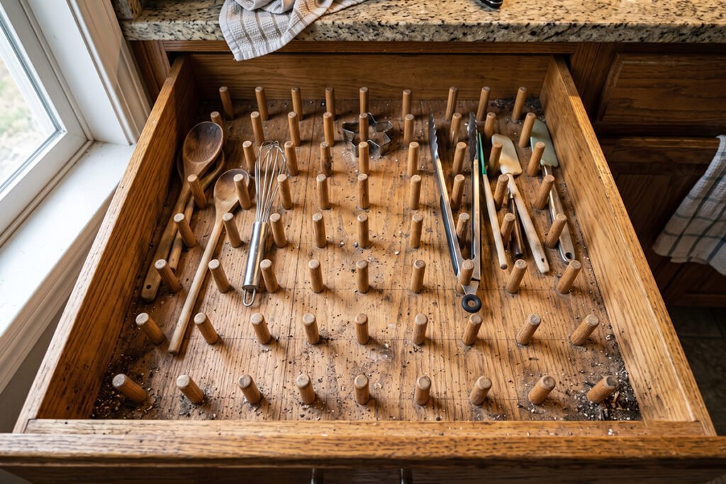 High-angle view showing dust gathered between pegs on an open kitchen pegboard organizer