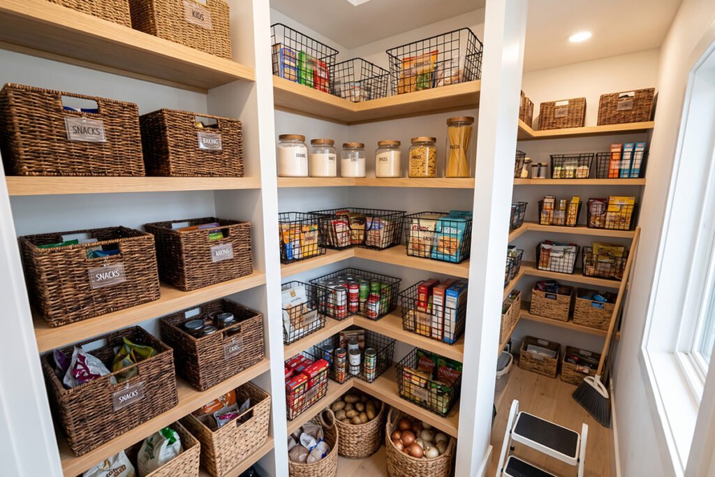 High-angle view showing strategic layout of baskets inside a tall corner pantry