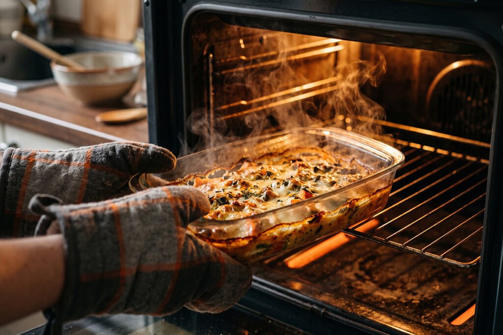 High-borosilicate glass container coming out of an oven with heat vapors visible
