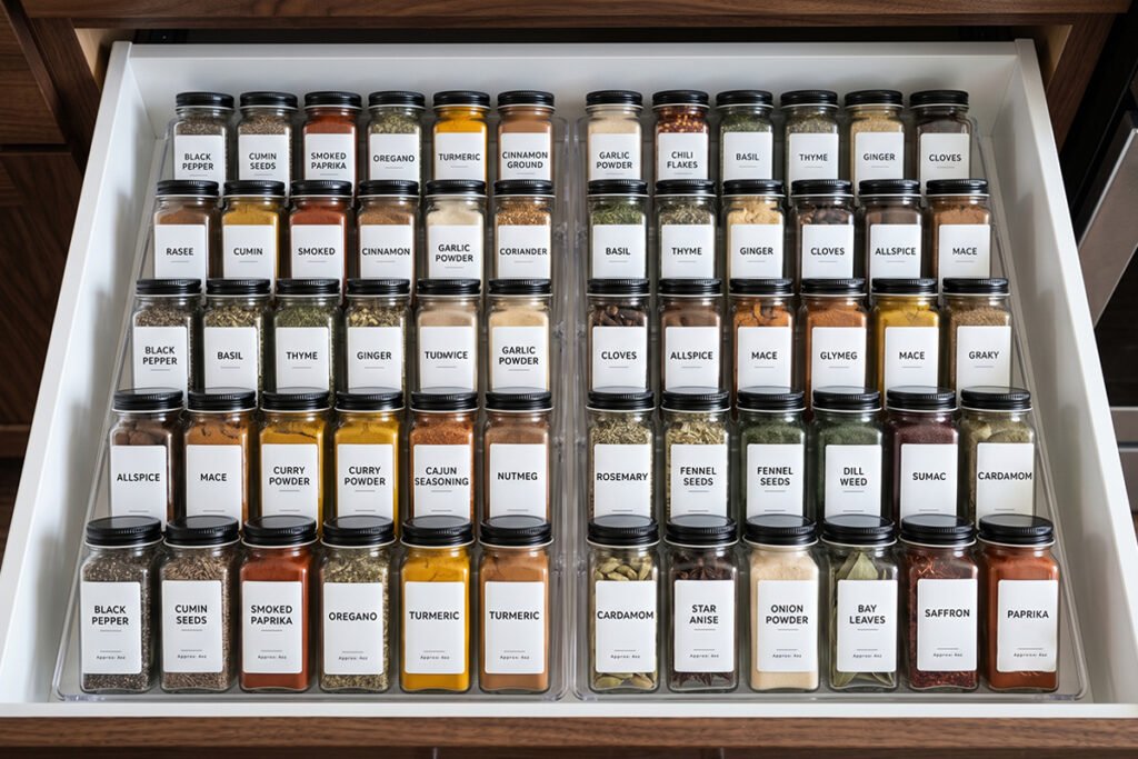 High-capacity drawer storage system featuring multiple connected spice trays holdin
