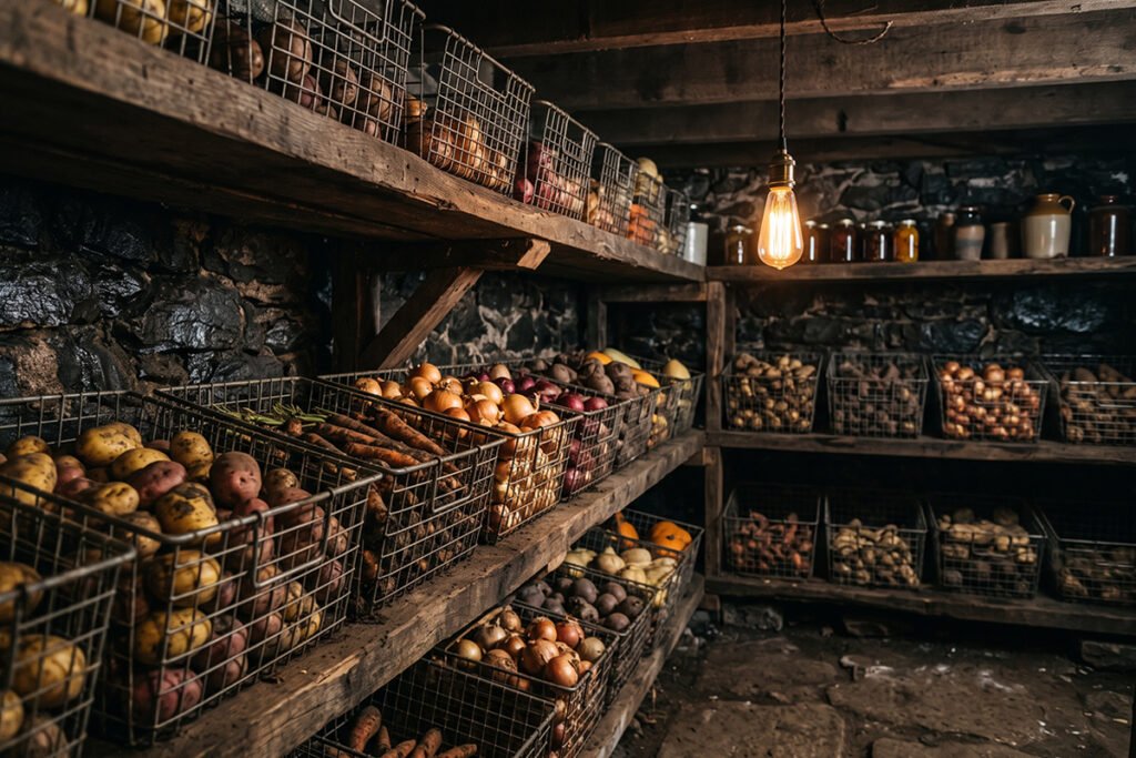 High-capacity wire stacking bins arranged on wooden shelves in a cool root cellar.