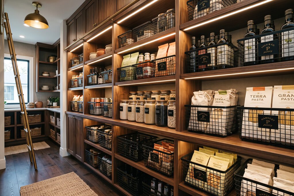 High-end branded black wire storage bins neatly lining custom pantry shelves