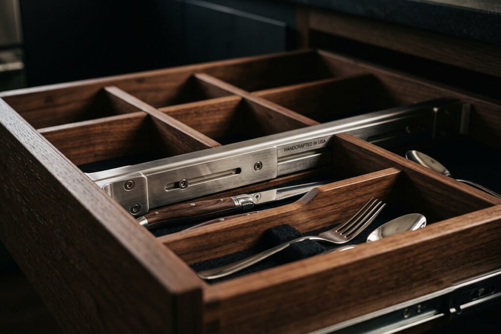 High-end custom wood and steel adjustable drawer insert system showcasing premium finish