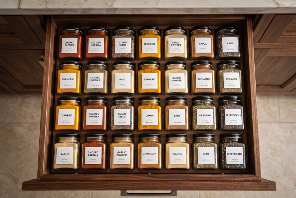 High-end custom wood drawer insert filled with large uniform spice containers and c
