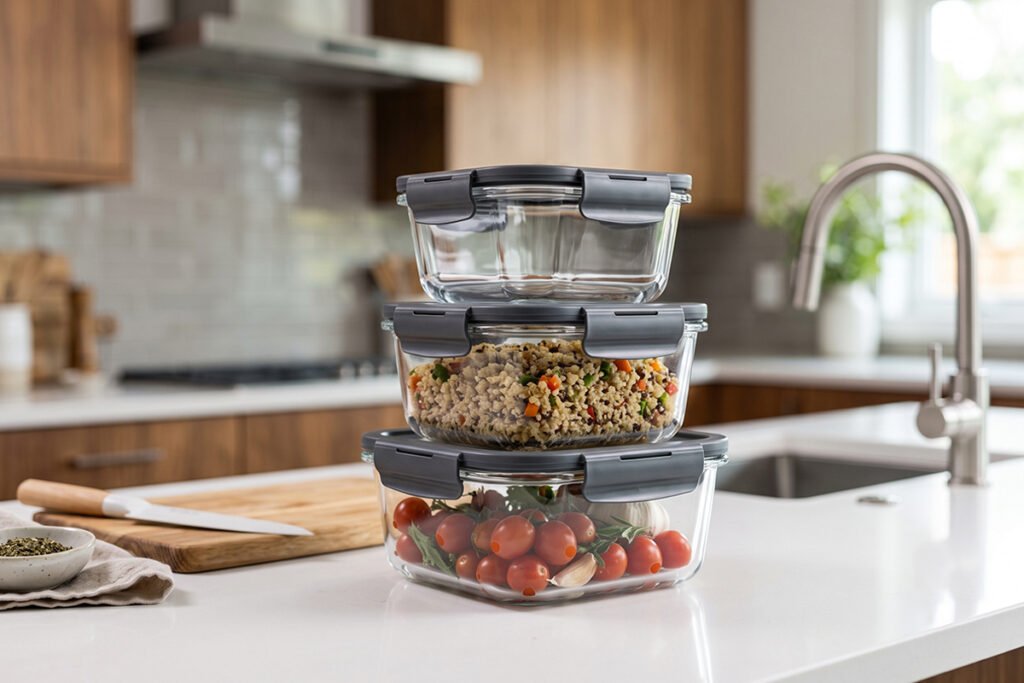 High-quality thick-walled food storage containers stacked neatly on a clean kitchen counter.