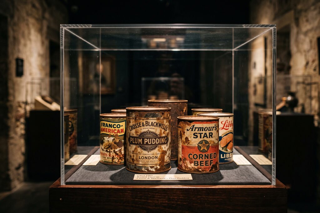 Historical antique food cans displayed safely inside a museum display case