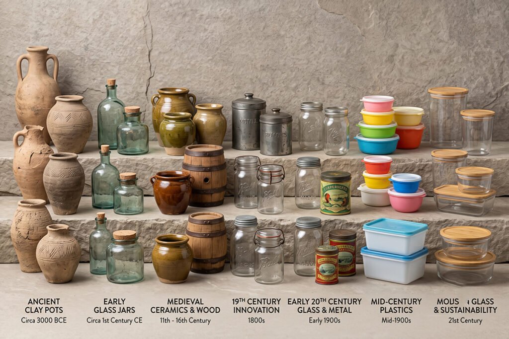 Historical timeline graphic illustrating the evolution of food storage containers