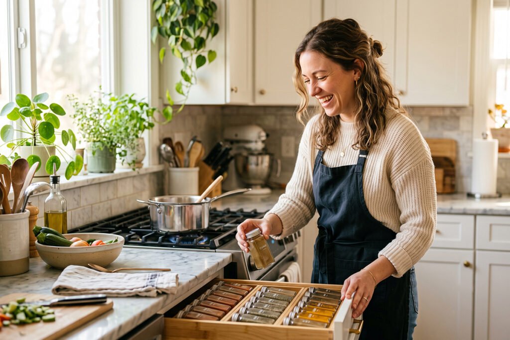 Home cook smiling while effortlessly grabbing a spice jar from an organized kitchen