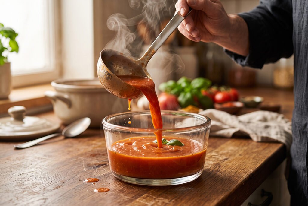 Hot tomato soup being poured into a clear glass container instead of plastic