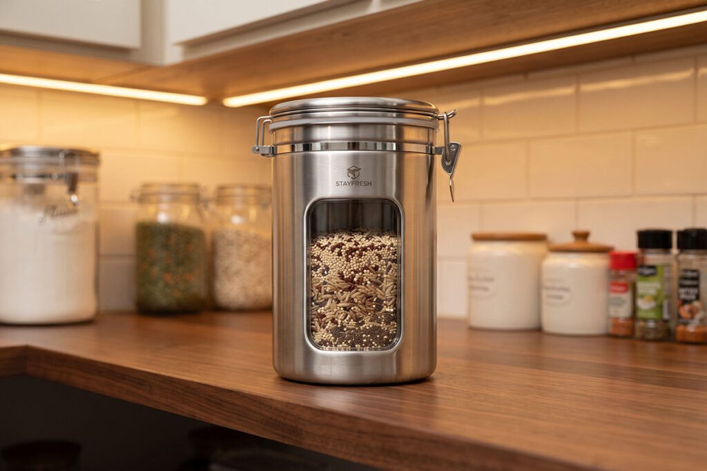 Hybrid stainless steel container featuring a clear viewing window on a pantry shelf
