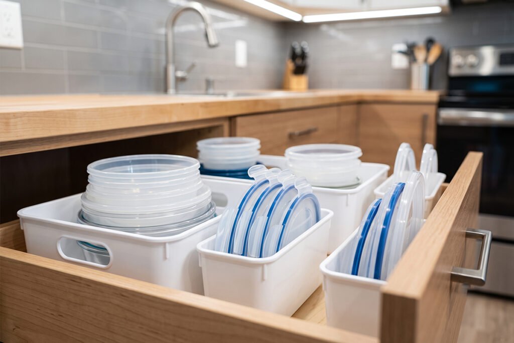 Inexpensive plastic store-bought storage bins organizing lids and bowls