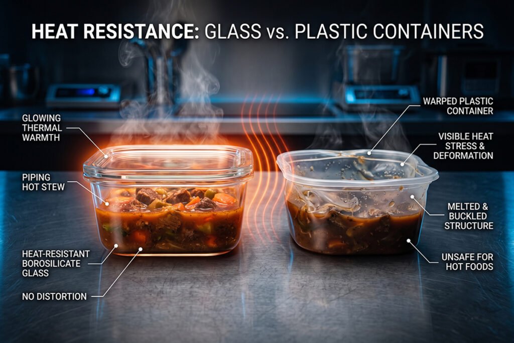 Infographic-style layout showing heat interaction with food containers