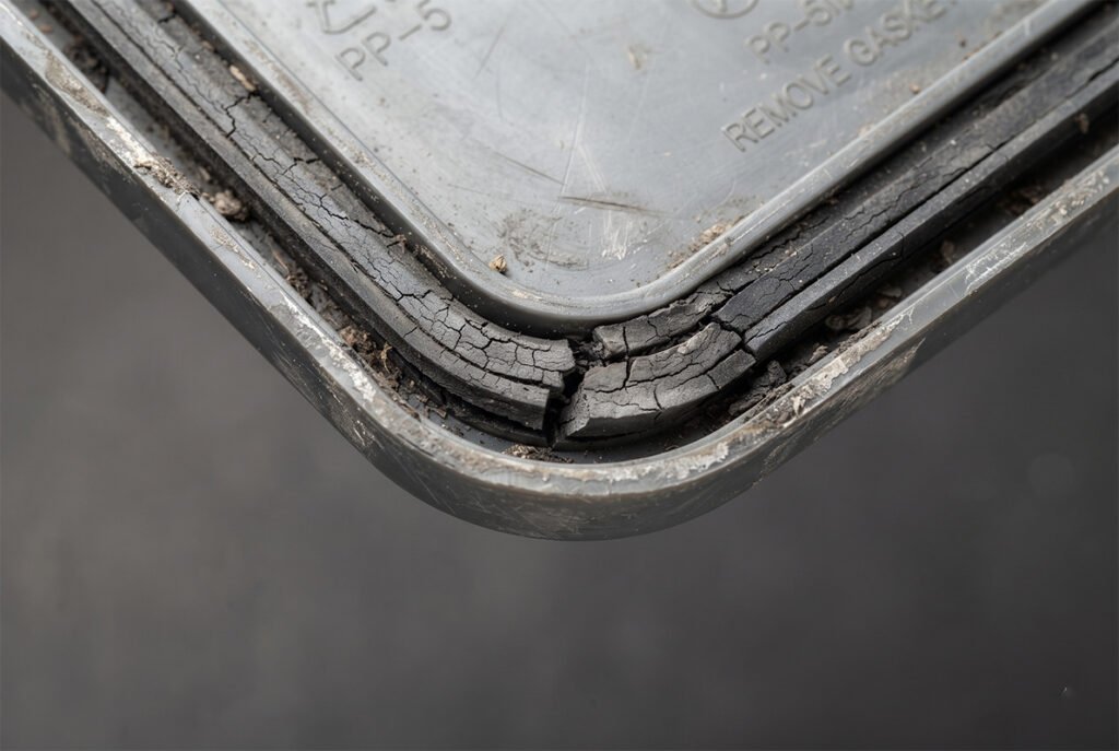 Inspection view of a worn container lid showing a cracked and failing rubber seal