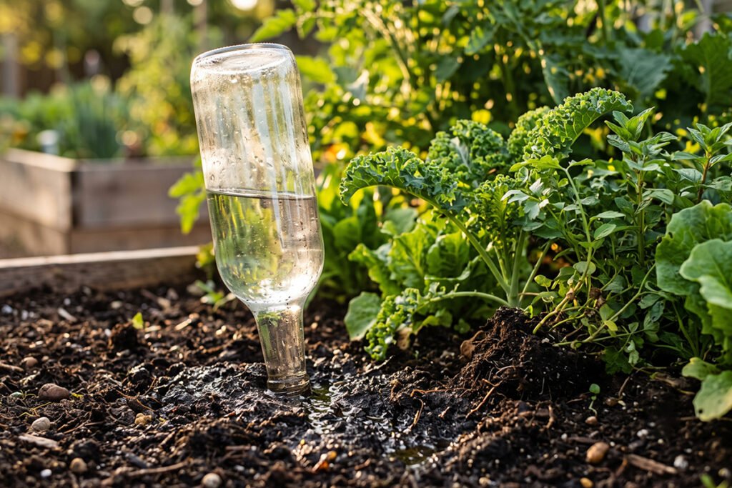 Inverted glass bottle buried upside down in garden soil next to green leafy plants