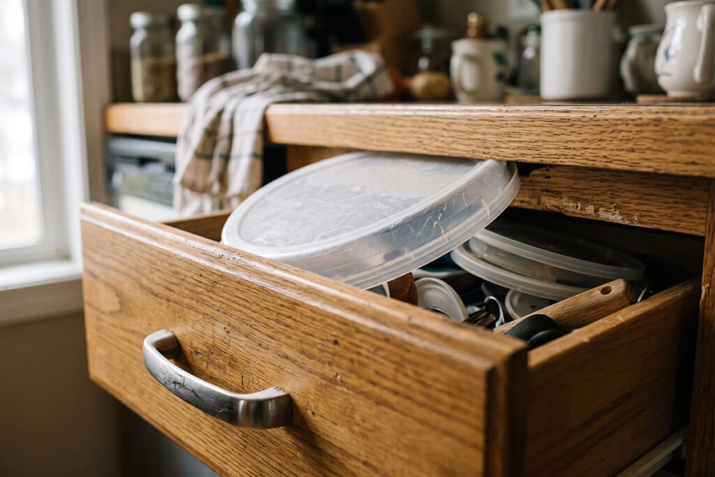 Jammed kitchen drawer struggling to close due to oversized stacked container lids