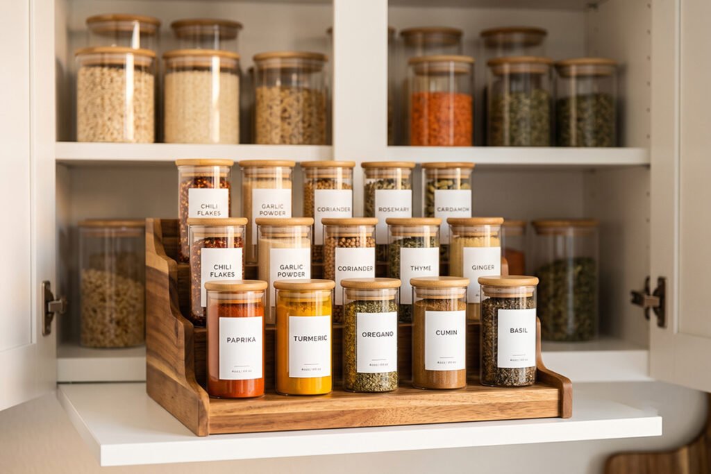 Kitchen cabinet food storage containers organization ideas showing organized glass spice jars on a tier shelf