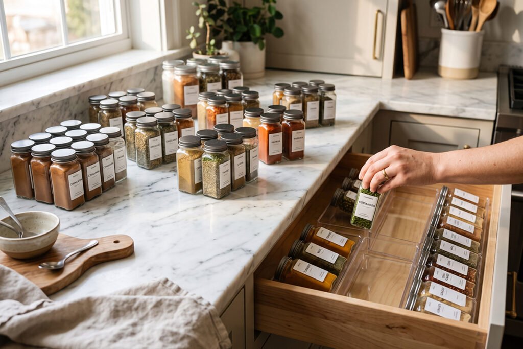 Kitchen counter displaying sorted spice jars categorized by cooking type next to an