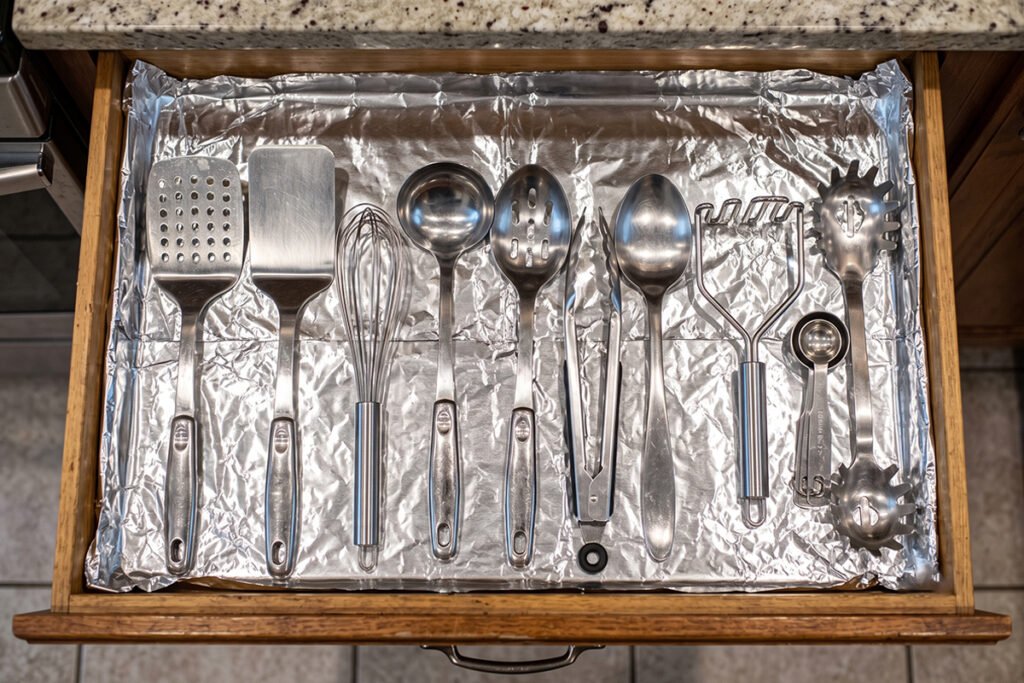 Kitchen drawer lined with clean silver aluminum foil holding cooking utensils