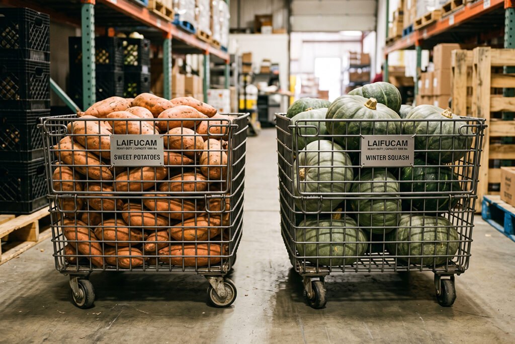 LAIFUCAM heavy-duty wire baskets filled with large bulk quantities of sweet potatoes and squash.