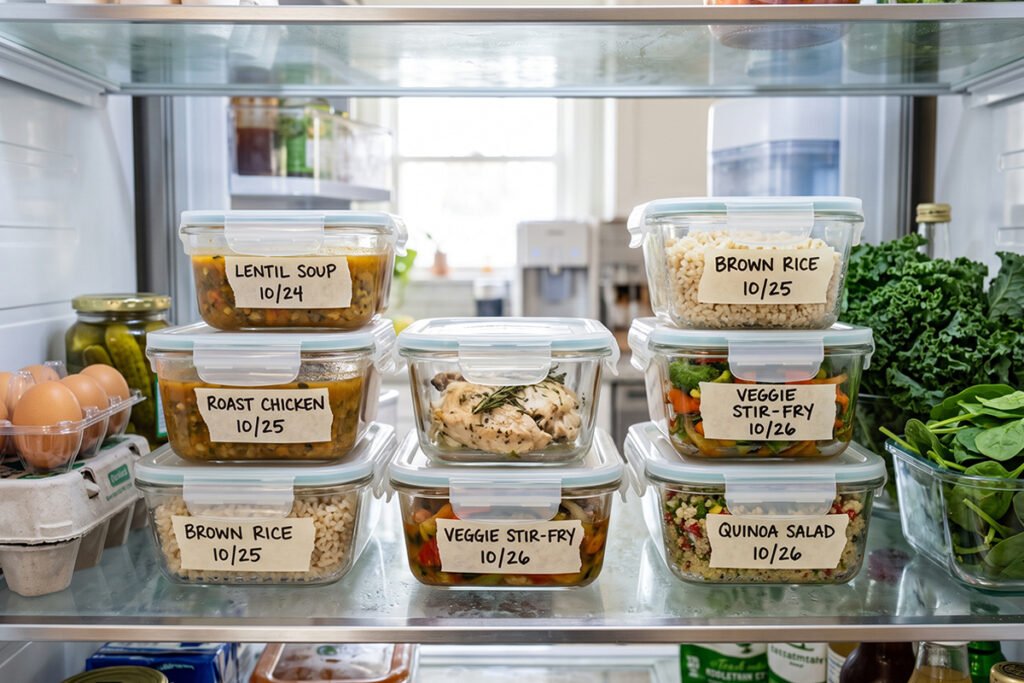 Labeled leftover containers marked with dates inside a tidy food storage space
