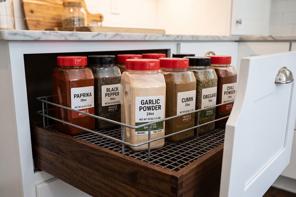 Large warehouse bulk spice containers stored neatly on an oversized drawer tray ins