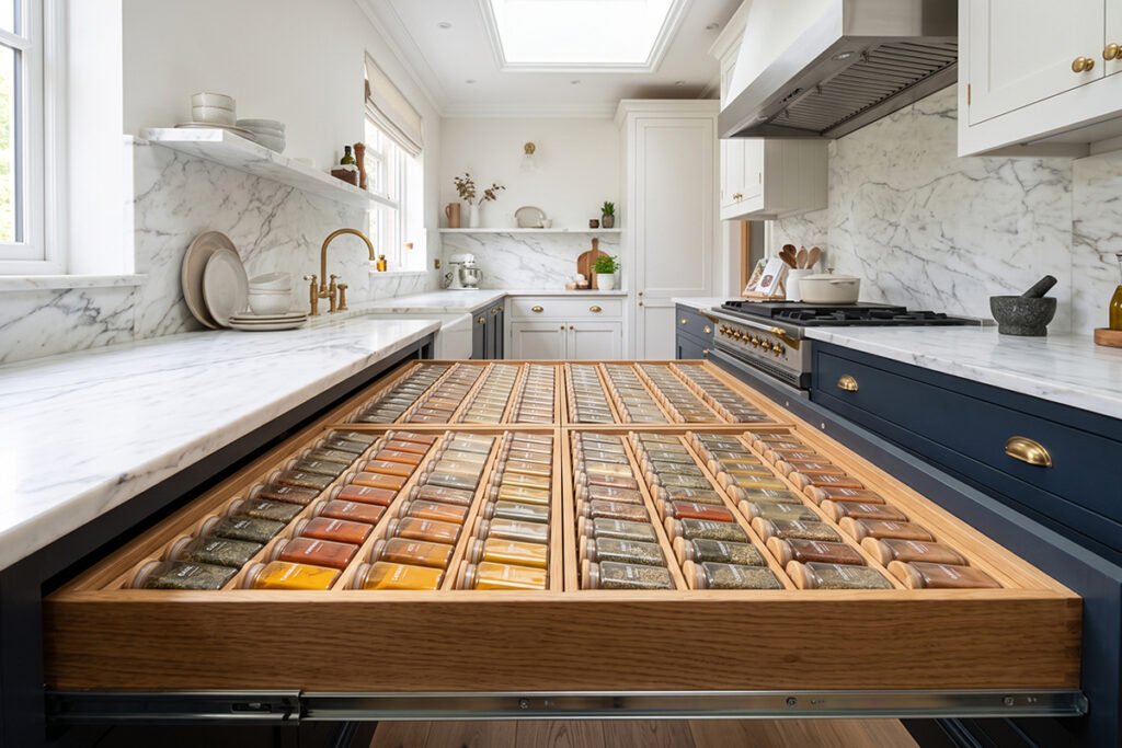 Large wide kitchen drawer fitted with double wooden trays holding a massive spic