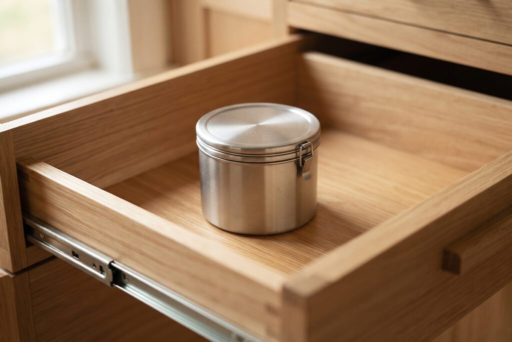 Lightweight stainless steel container placed neatly inside a shallow pantry drawer
