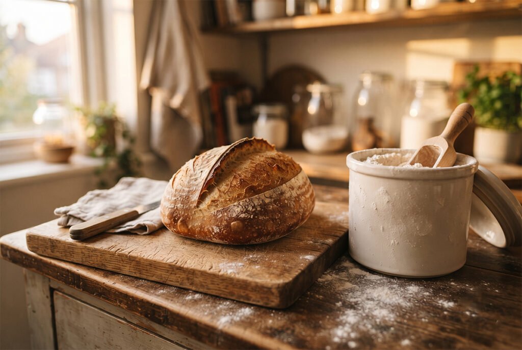 Loaf of artisan bread resting on a cutting board next to an open ceramic container