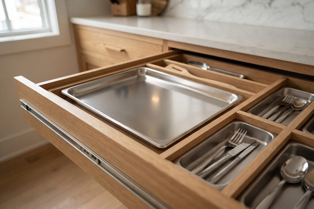 Low profile stainless steel flat tray stacked neatly inside a kitchen drawer