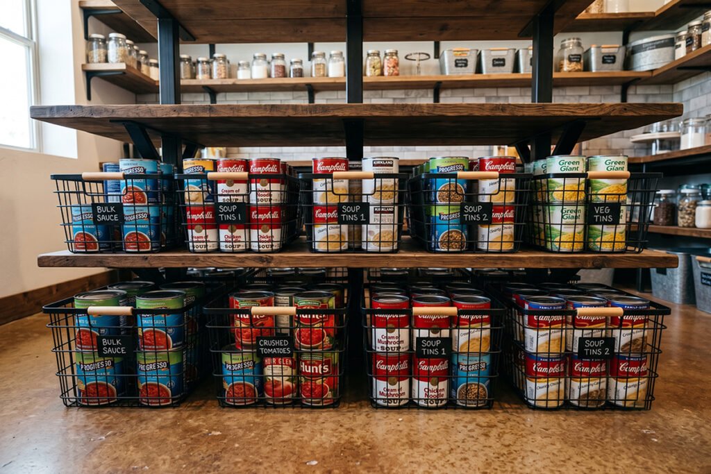 Lower pantry shelves organized with heavy steel baskets containing heavy bulk canned items