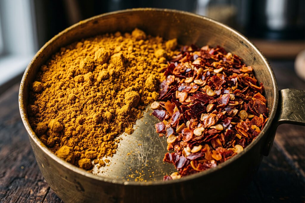 Macro shot showing the texture and rich natural colors of unadulterated spice powders