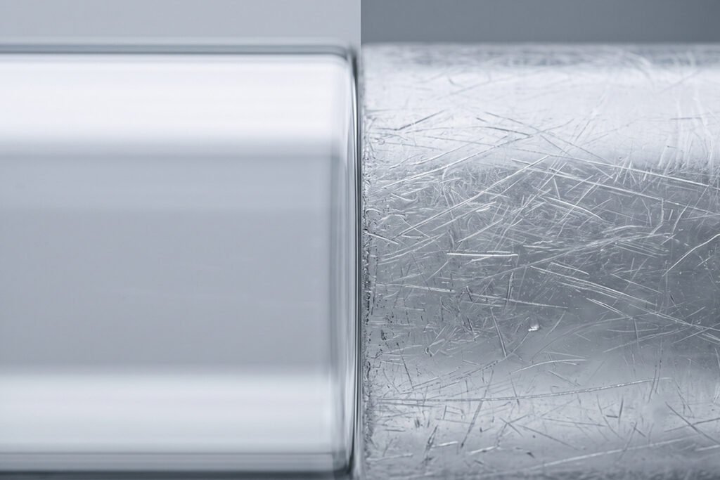 Magnified view concept showing smooth glass versus scratched plastic surface