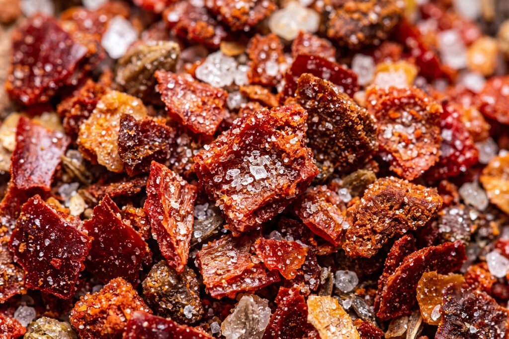 Magnified view of fine spice particles coated evenly with mineral flow agents.