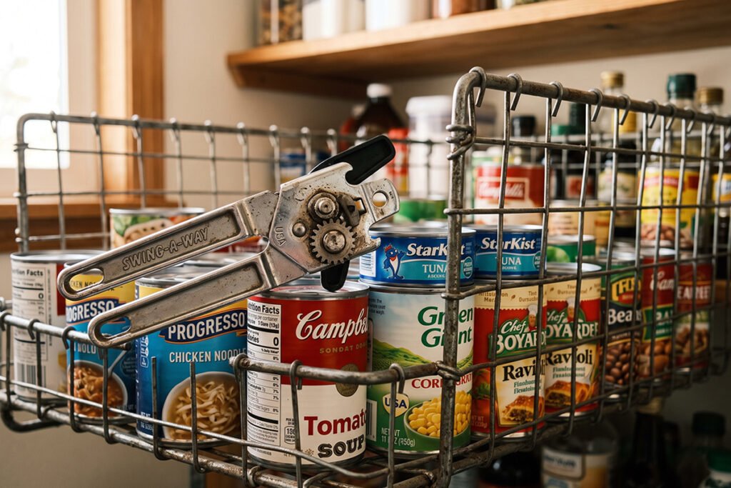 Manual can opener placed beside organized canned meals inside a metal wire bin