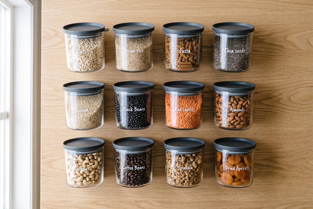 Matching plastic food containers with their corresponding lids laid out neatly on a table