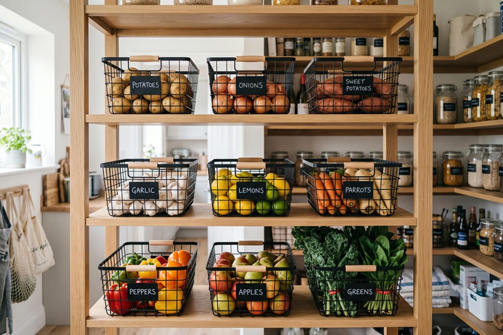 Matching set of budget wire storage bins aligned on wooden pantry shelving.