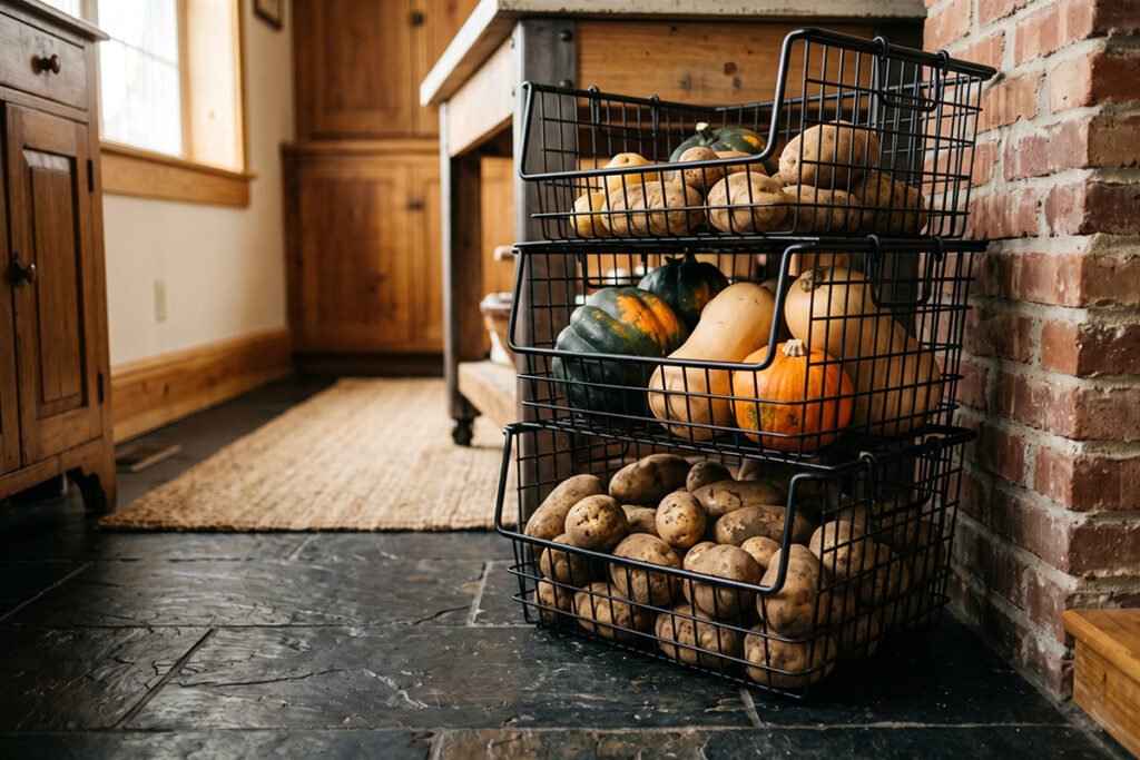 Matte black wire baskets stacked on a kitchen floor holding winter squash and bulk potatoes.