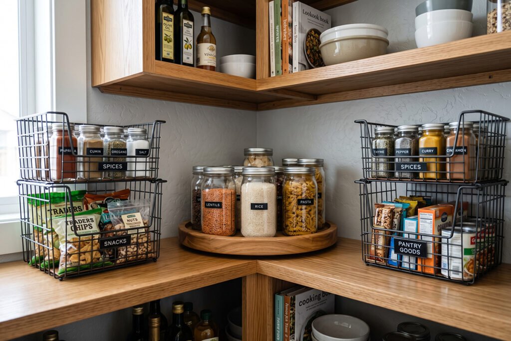 Maximized corner shelf featuring a central turntable flanked by stacked wire baskets