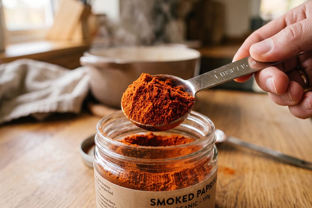 Measuring spoon scooping spice from jar instead of shaking over steam