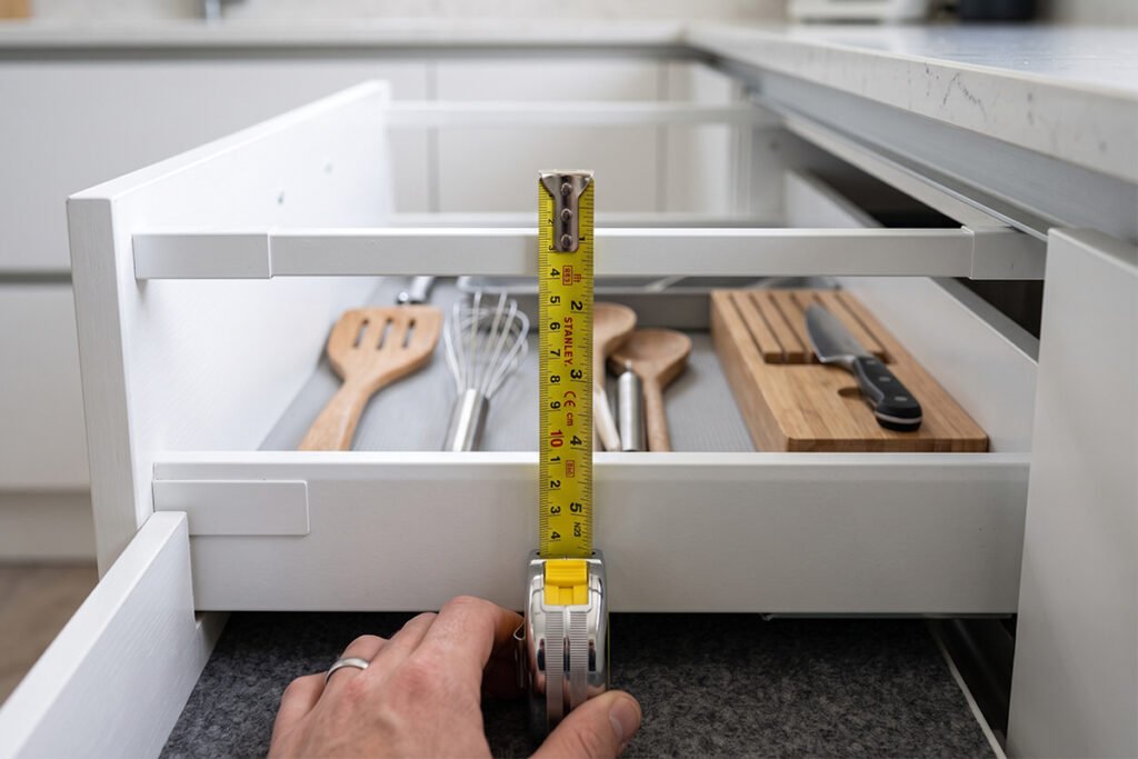 Measuring tape checking internal vertical height clearance inside a kitchen drawer